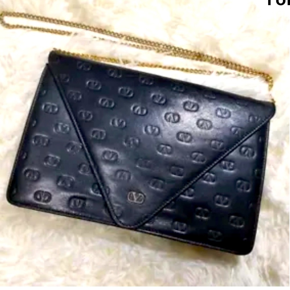Vintage Valentino Gold Chain Leather Black Shoulder Bag Clutch Logo Pattern